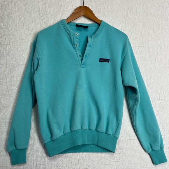 Patagonia Tops - Vintage 86 Patagonia Womens 9 10 Sweatshirt Henley Snap Crew Pullover Blue Top